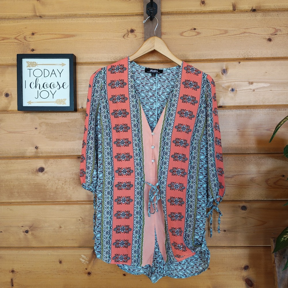 Lulus DMJS1063 Romper Coral Floral Multi Ikat Boho Drawstring Colorblock Hippy S